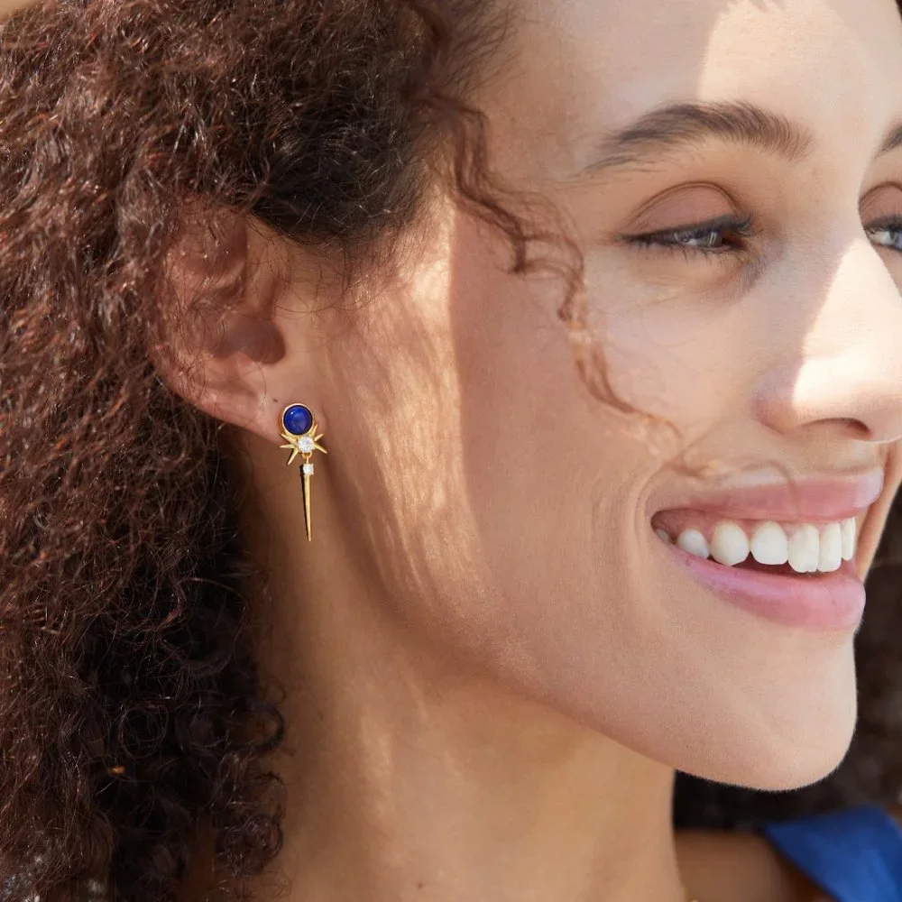 NEW 18K gold plated sterling silver earrings,natural lapis lazuli,gemstone - Picture 11 of 12